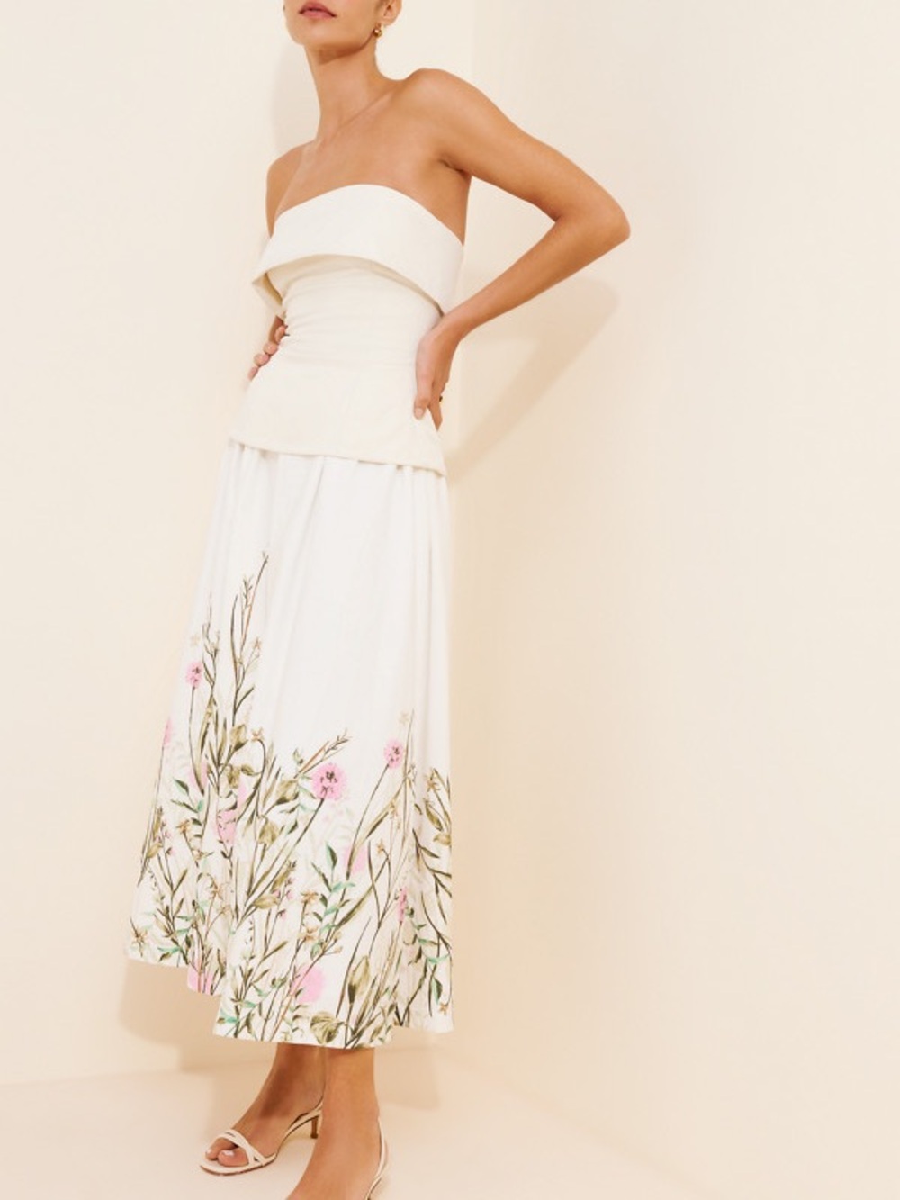 En Saison Sydney Mixed Media Midi Dress Ivory Floral Corset Strapless M